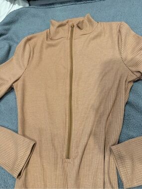 Minaa Monroe Ribbed Half-Zip Mock Neck Jumpsuit in Beige (tall) NWOT